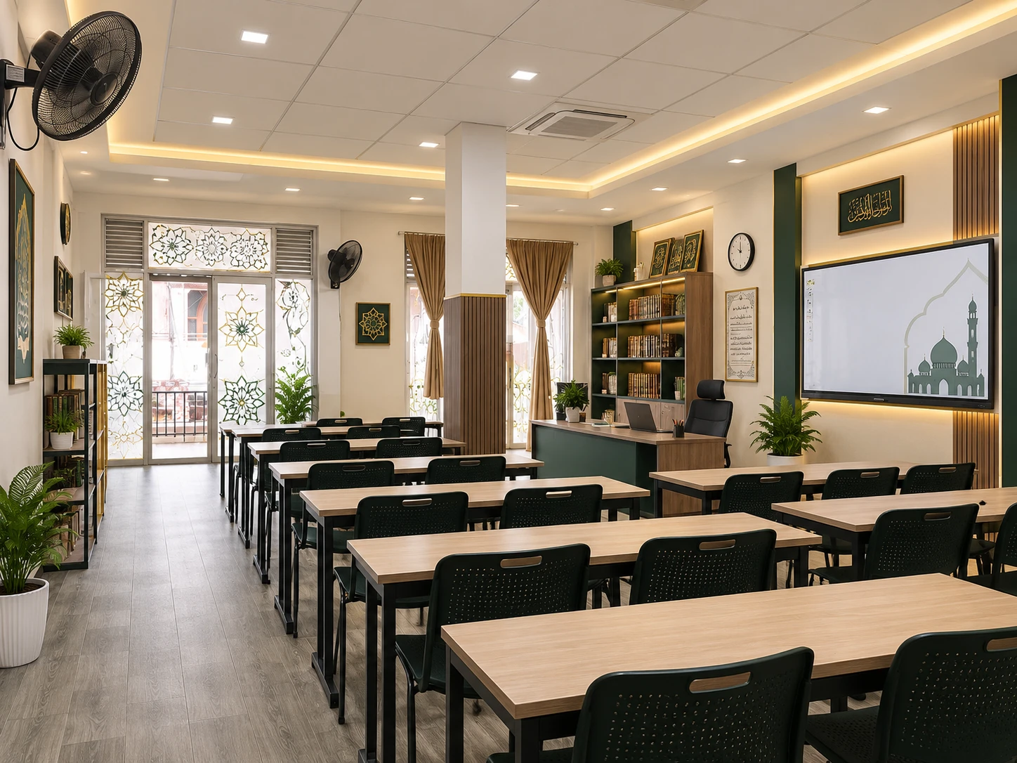 A long, bright classroom with wooden desks, green chairs, a teaching screen and a bookcase of Islamic texts